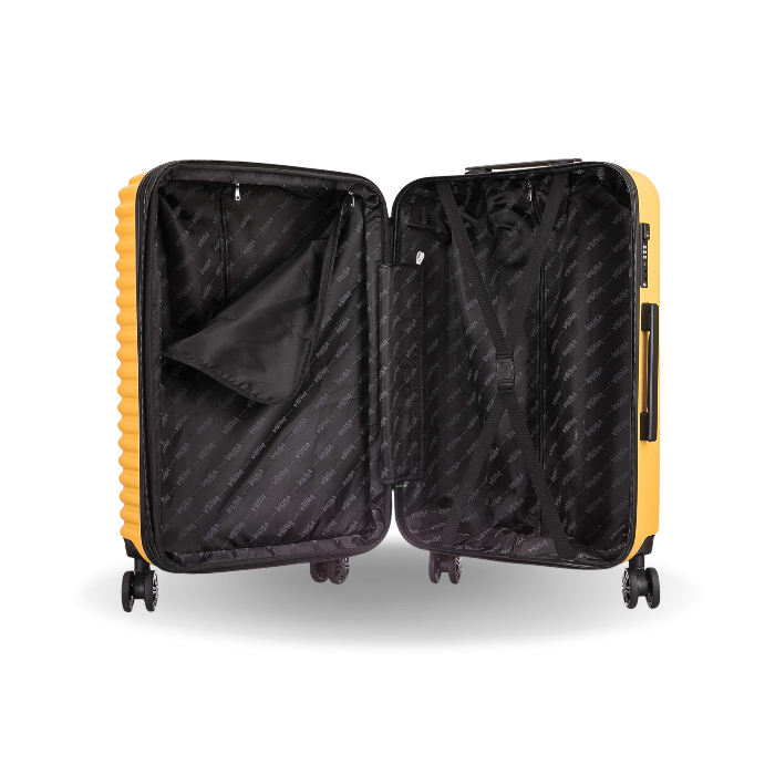 Yellow suitcase with open doors on a white background