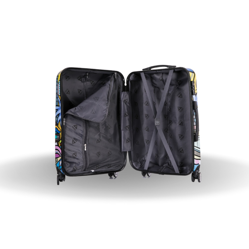 Open suitcase with colorful design on a white background