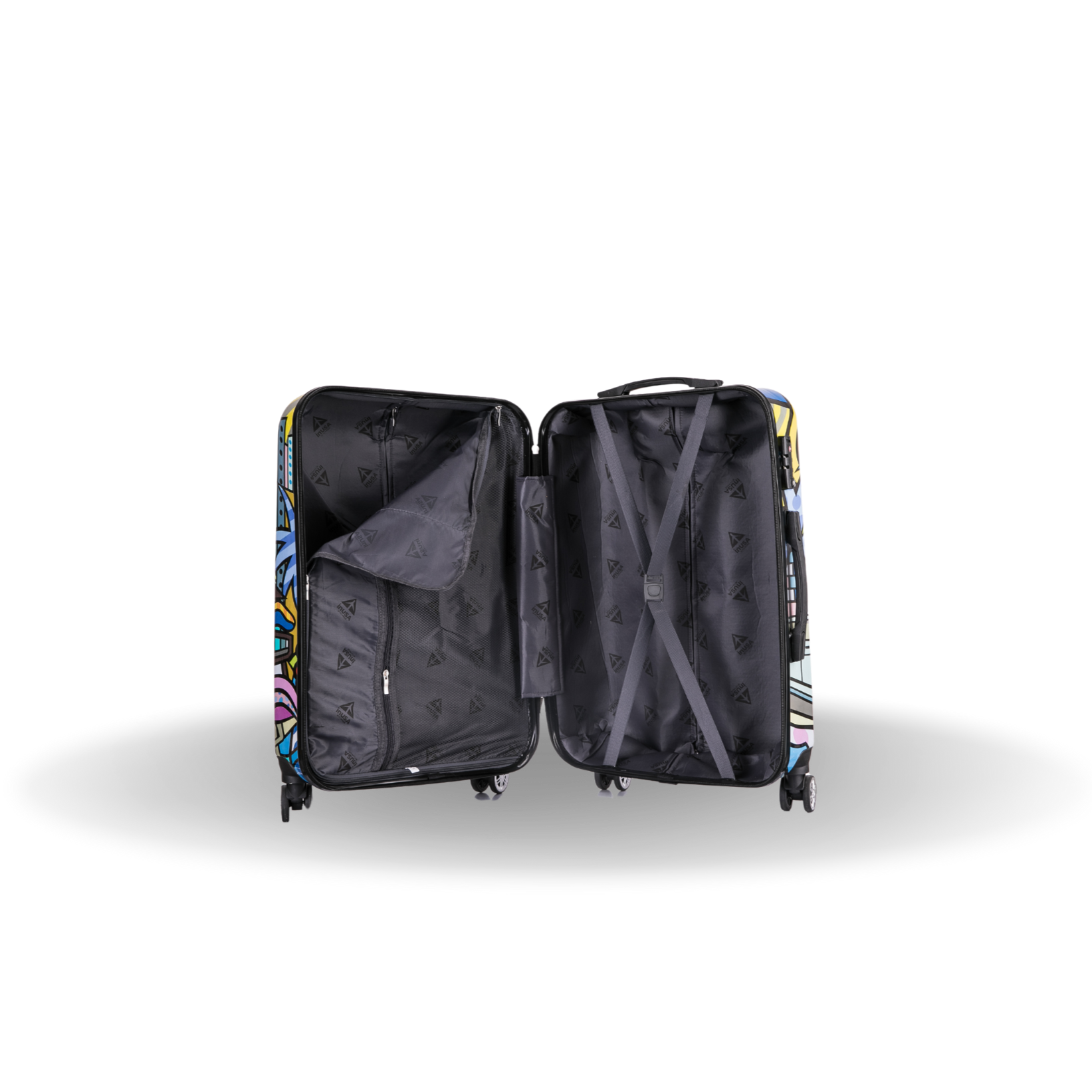 Open suitcase with colorful pattern on a white background