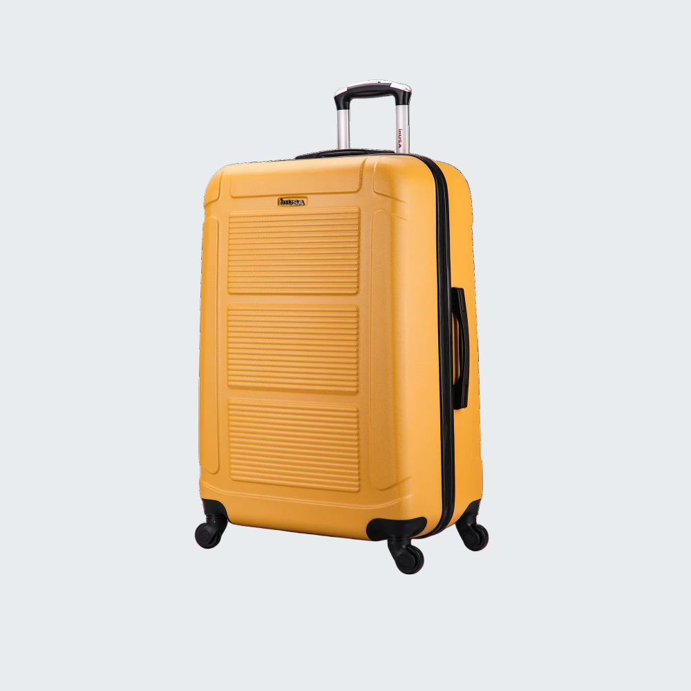 Yellow suitcase with black wheels and handle on a white background