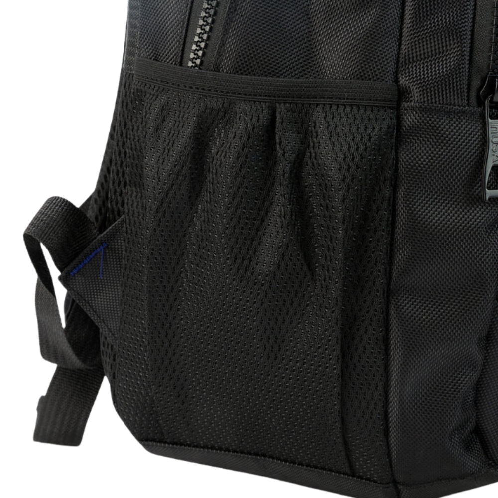 Close-up of a black backpack with a mesh pocket on a white background