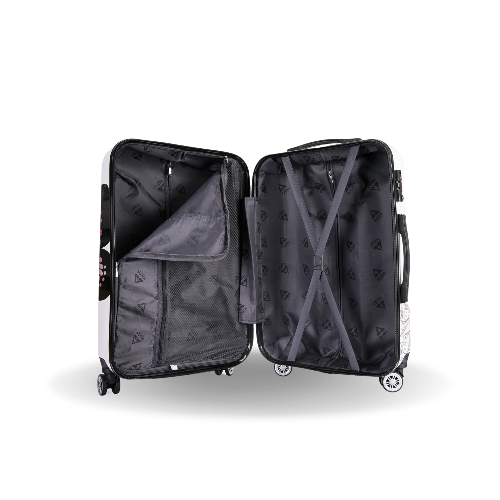Black suitcase with open lid on a white background