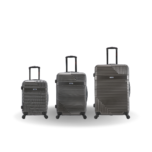 Three gray suitcases of different sizes on a white background