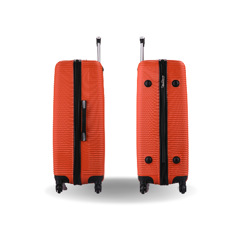 Two orange suitcases with black handles and wheels on a white background