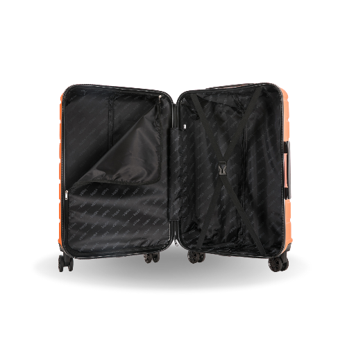 Orange suitcase with open doors on a white background