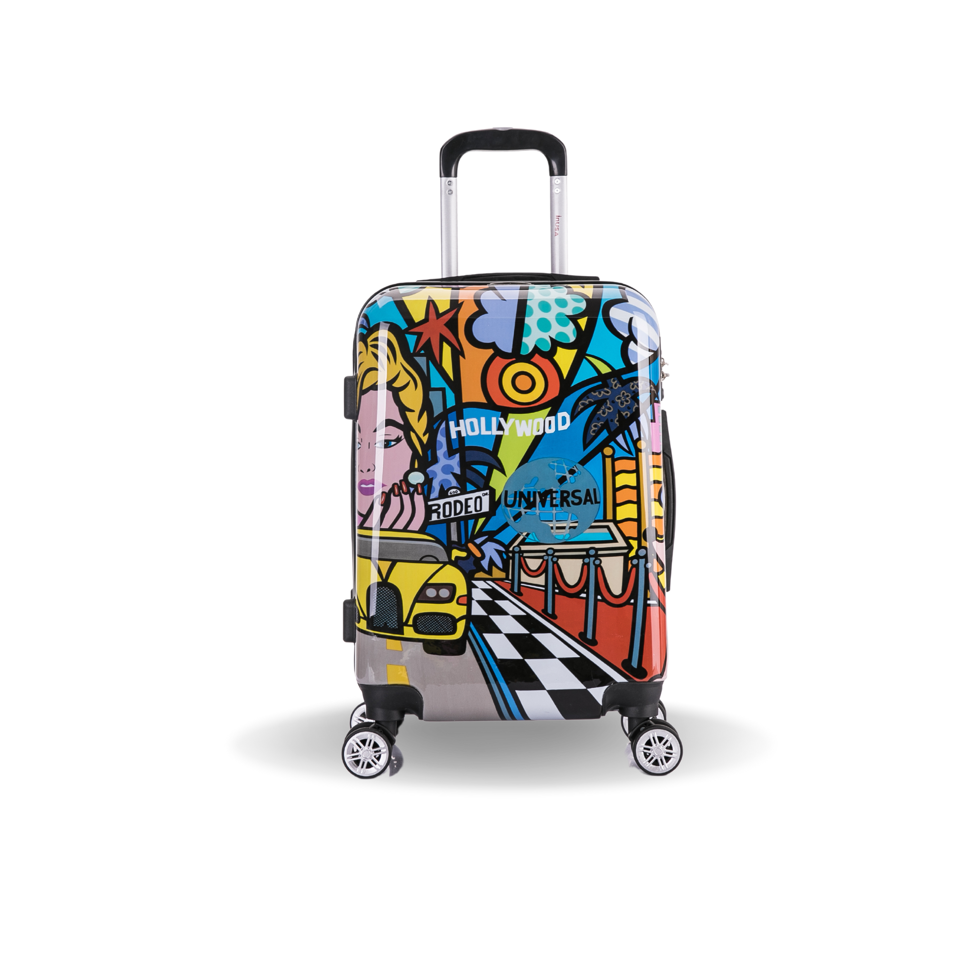 Colorful suitcase with a design on a white background