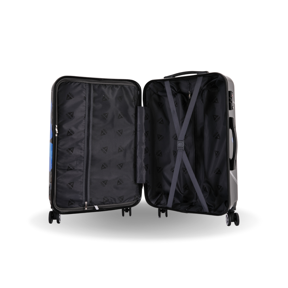 Black suitcase with open compartments on a white background
