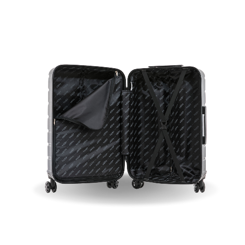 Black suitcase with open compartments on a white background
