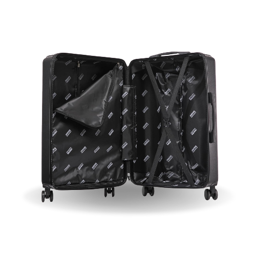Black open suitcase with interior pattern on a white background