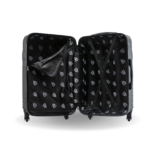 Black suitcase with interior pattern on a white background