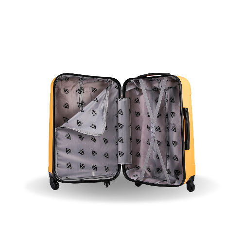 Yellow suitcase with open lid showing gray interior with triangle pattern on a white background