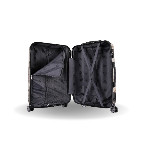 Black suitcase with open lid on a white background