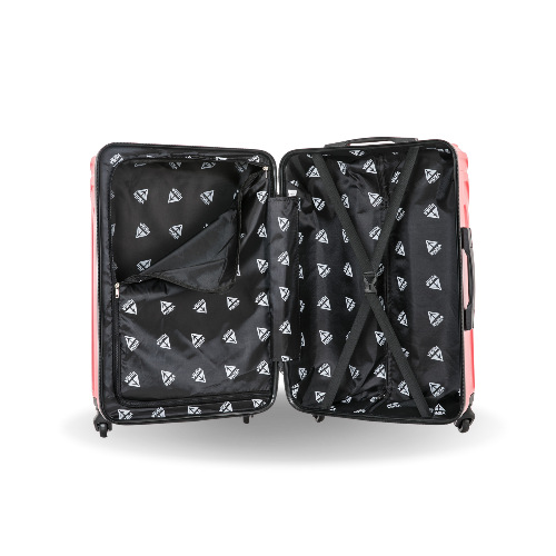 Open suitcase with black interior and patterned exterior on a white background