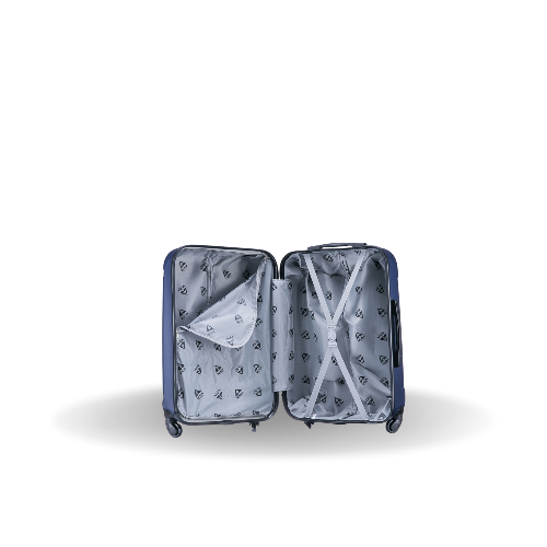 Open suitcase with interior lining on a white background