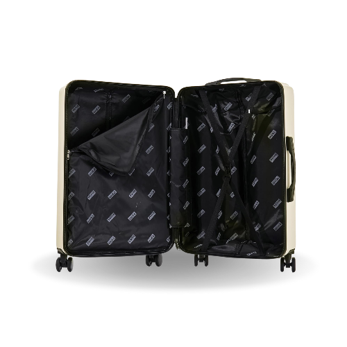Open beige suitcase with black interior on a white background