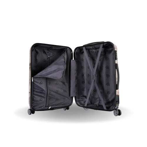 Black suitcase with open compartments on a white background