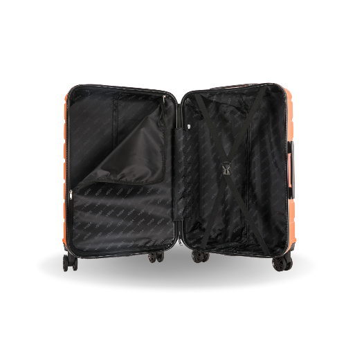 Open black suitcase with orange accents on a white background