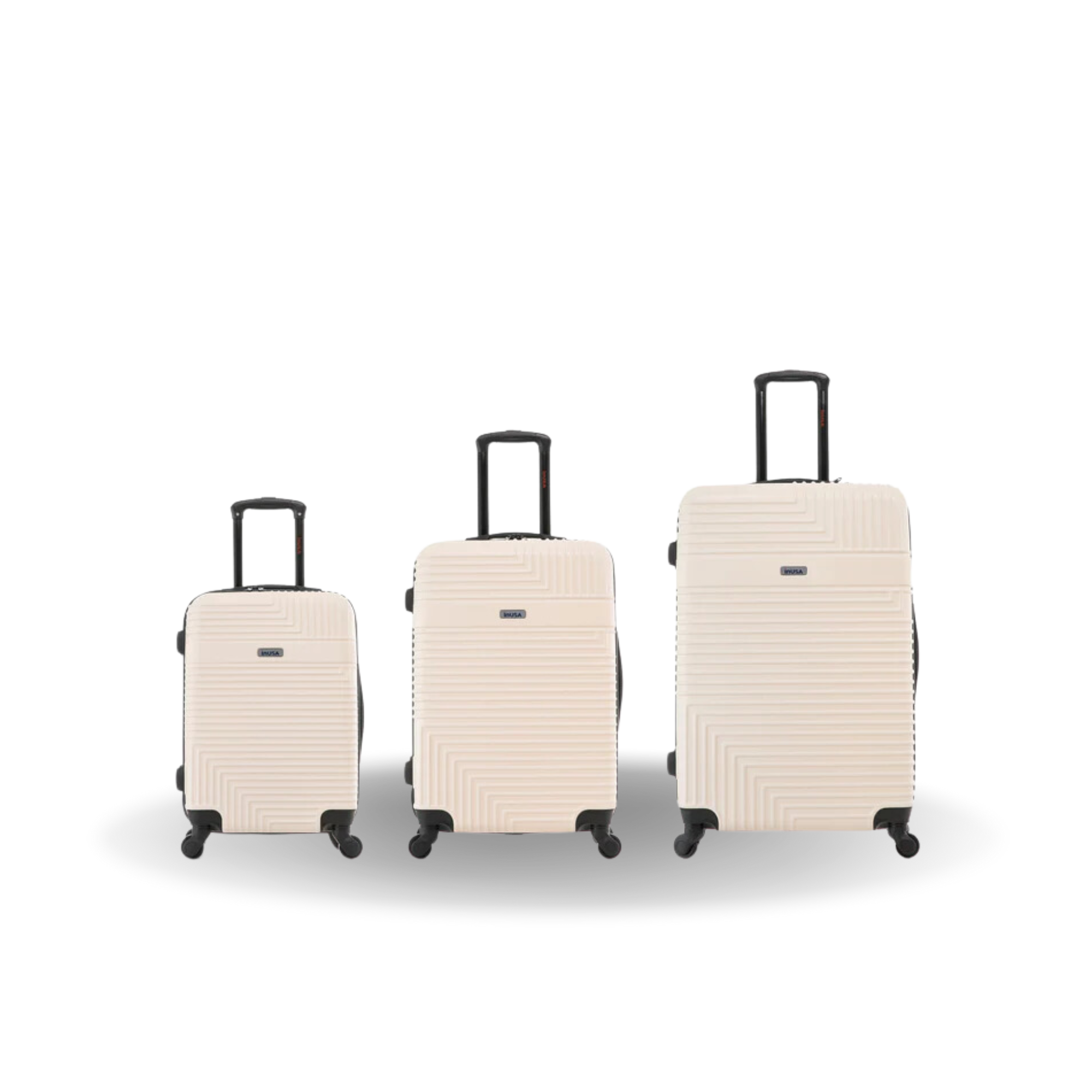 Three beige suitcases of different sizes on a white background