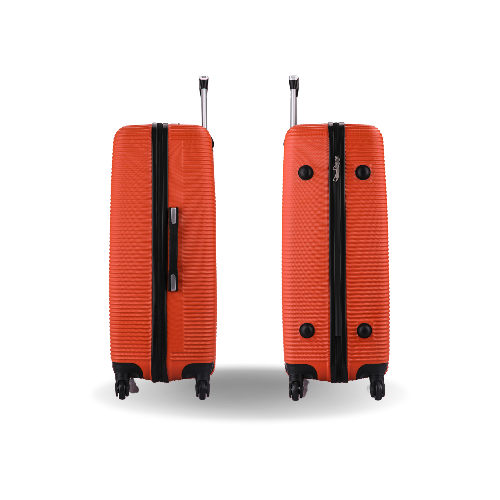 Two orange suitcases with black handles and wheels on a white background