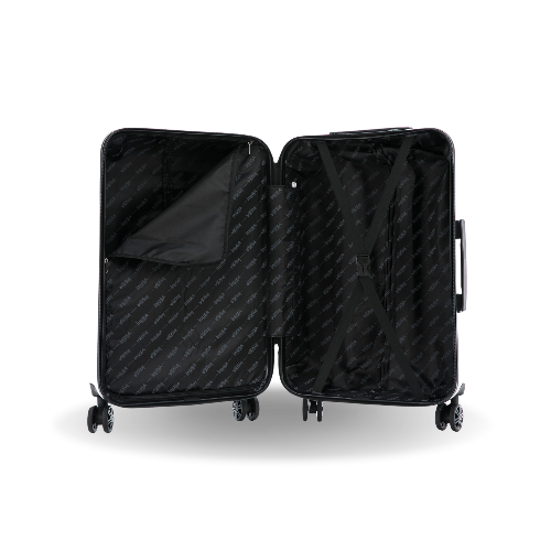 Black suitcase with open compartments on a white background