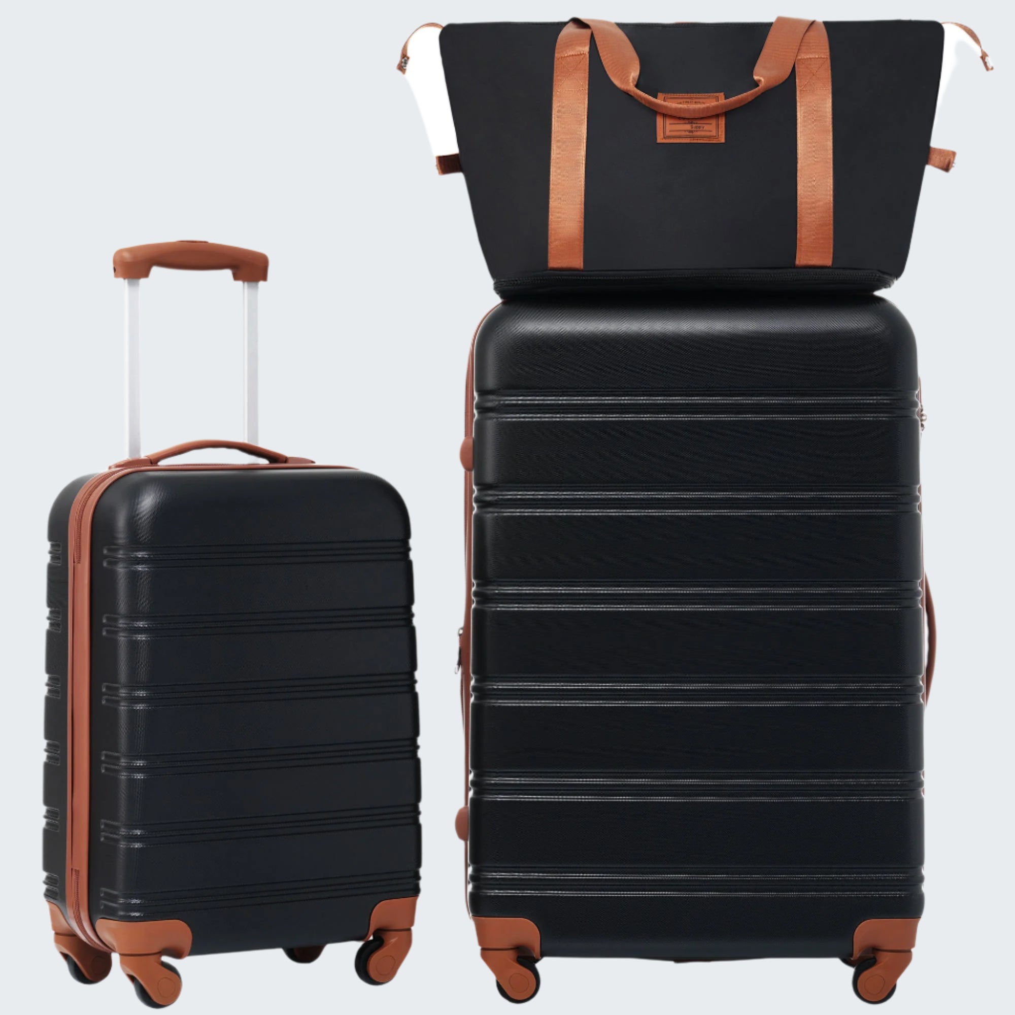 Two black hardshell spinner suitcases with brown accents and a matching handbag, featuring telescopic handles and four wheels.