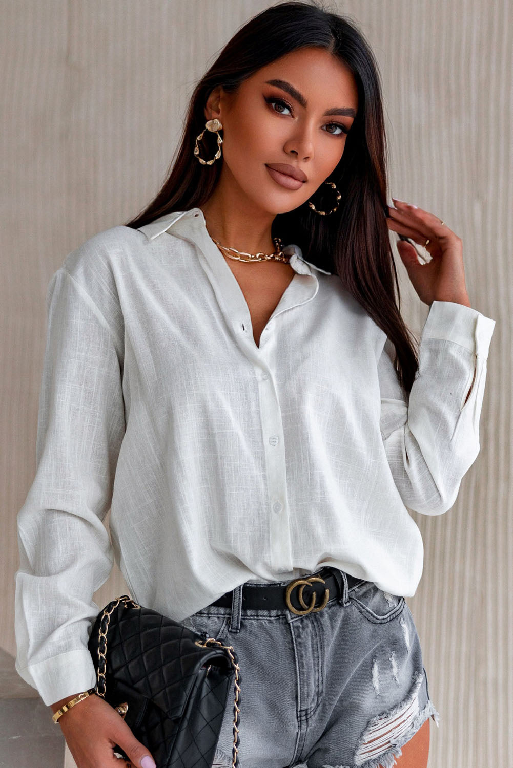 White Textured Solid Color Basic Shirt