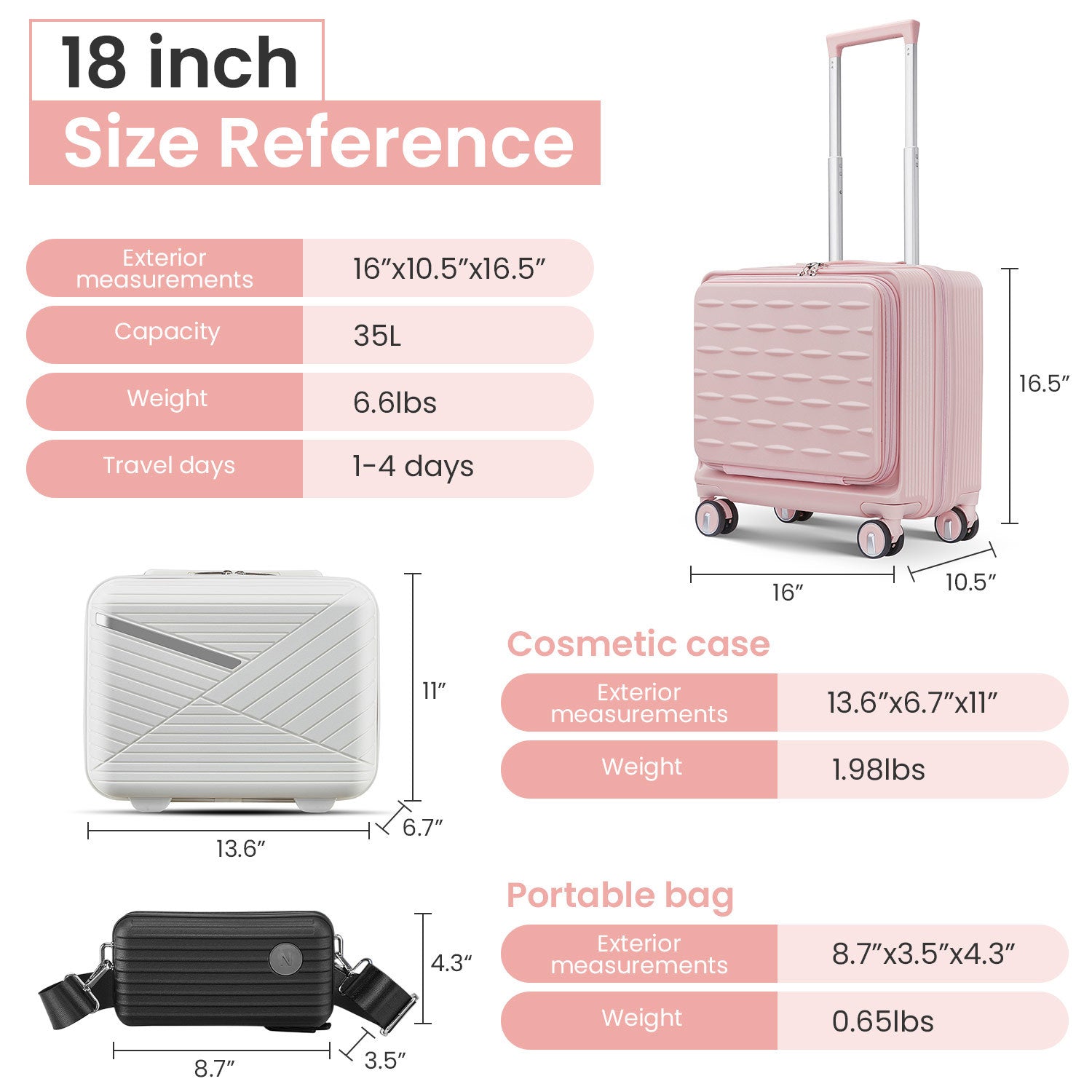 Pink Carry On Luggage with Front Open Door and Laptop Interlayer