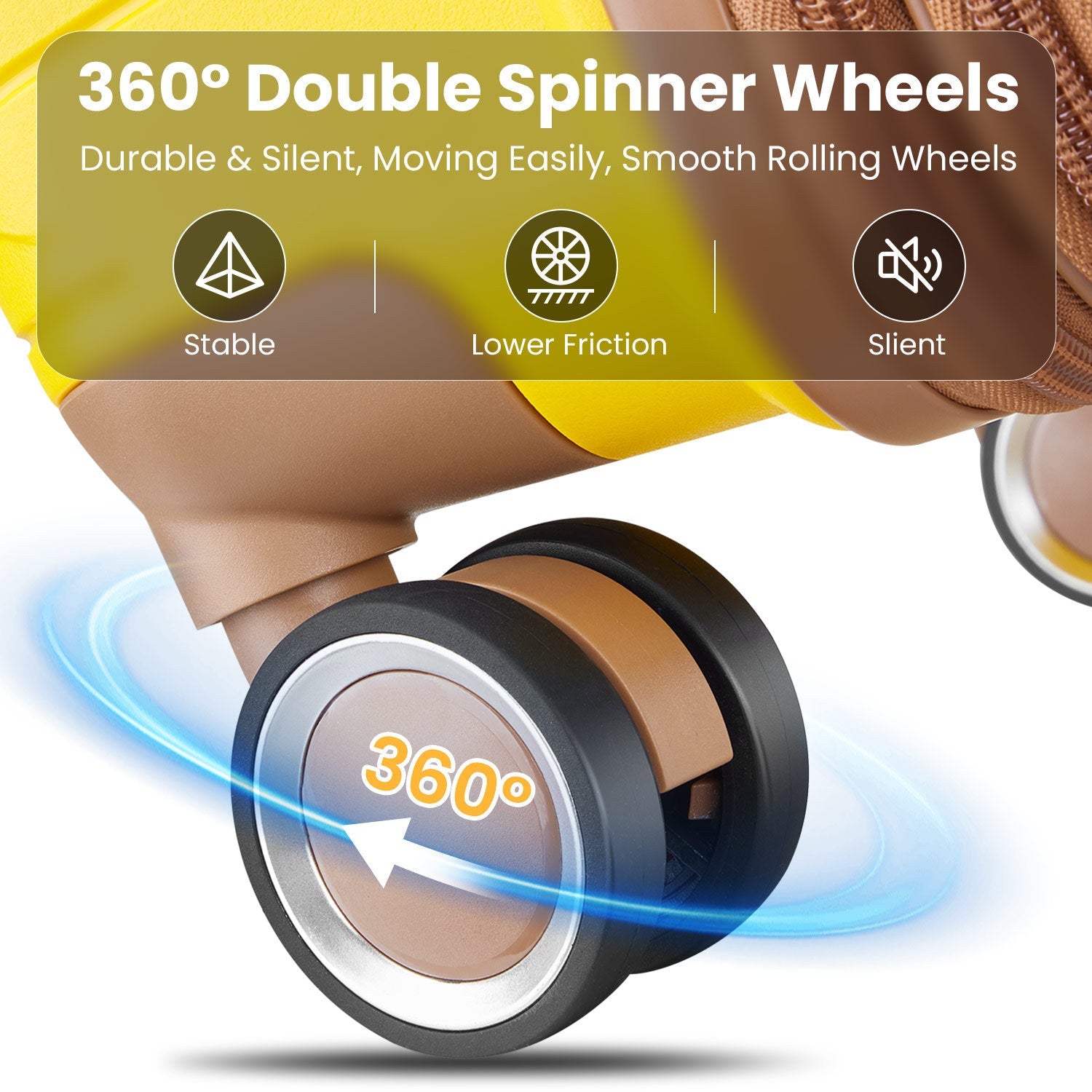 Four Piece Yellow Expandable Lightweight Suitcase with Four Double 360 Degrees Mute Spinner Wheels