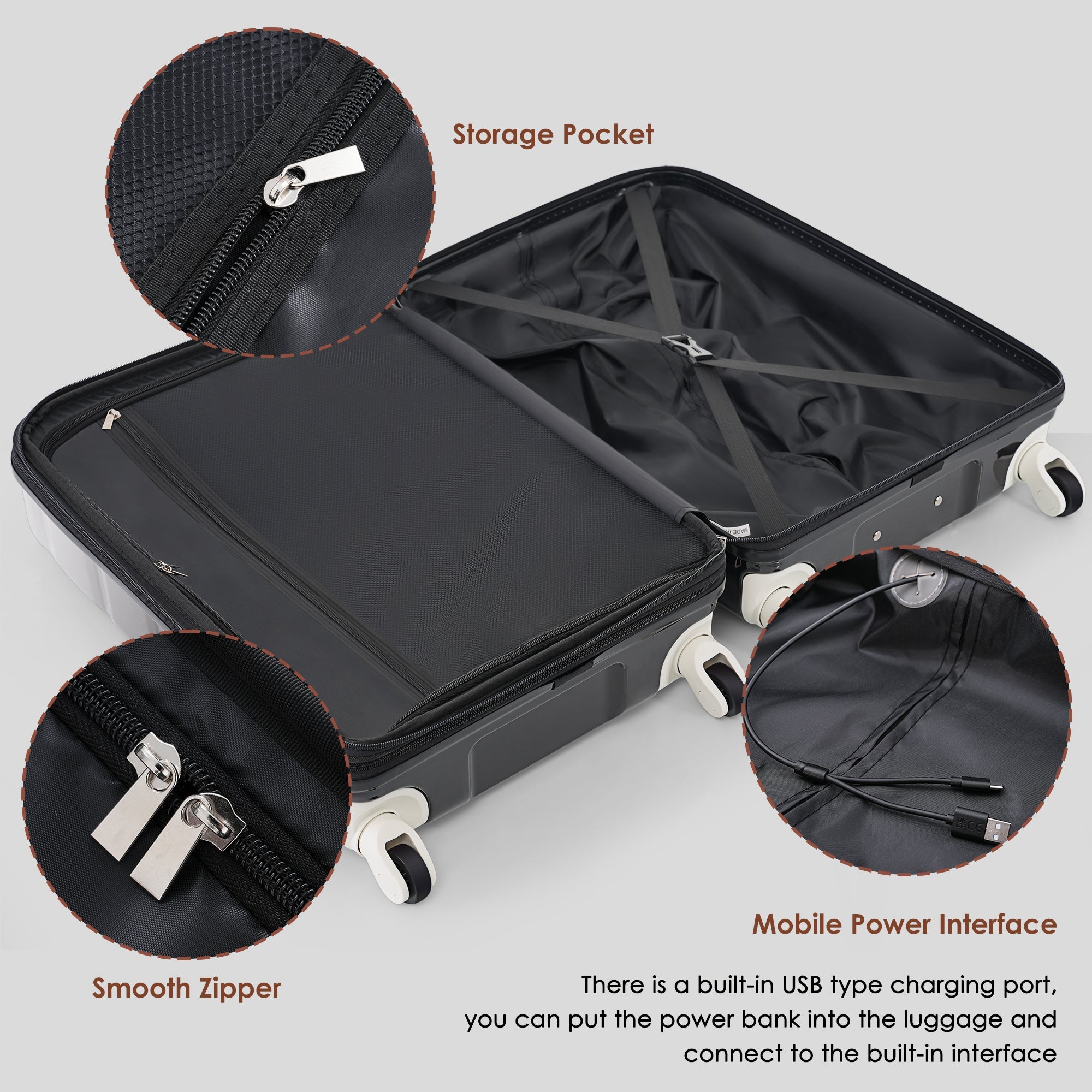 Black Airline Certified Carry-on Luggage with Cup Holder with Hard Shell Luggage with Spinner