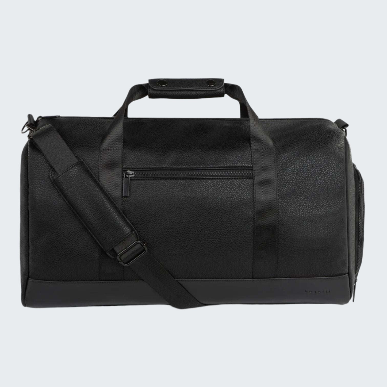 Black duffel bag with a shoulder strap on a white background