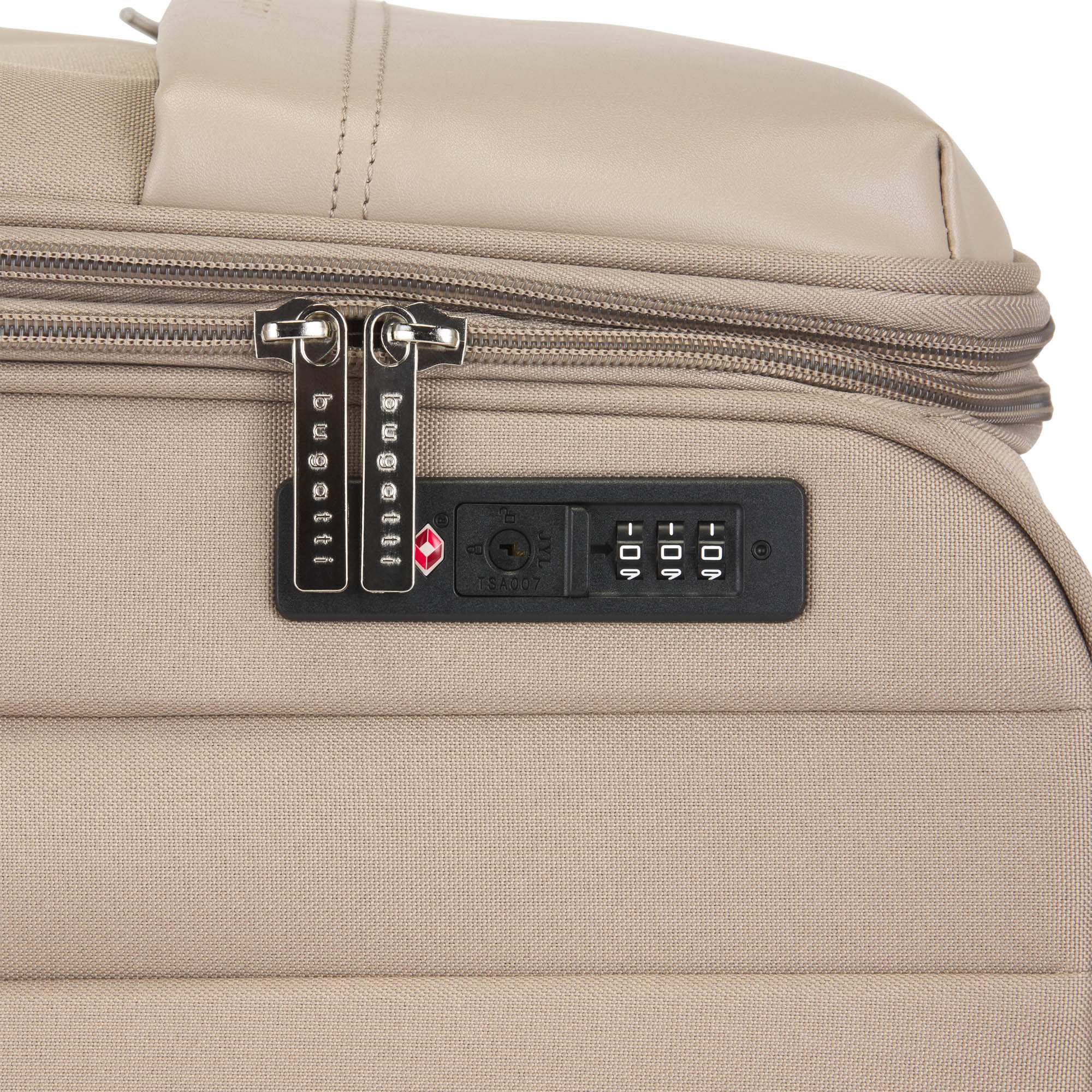 Close-up of a beige suitcase with a combination lock on a white background