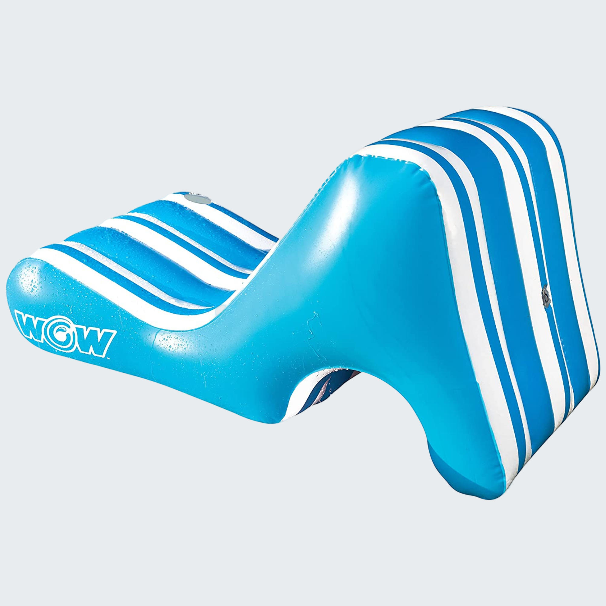 Blue inflatable pool float with white stripes on a white background