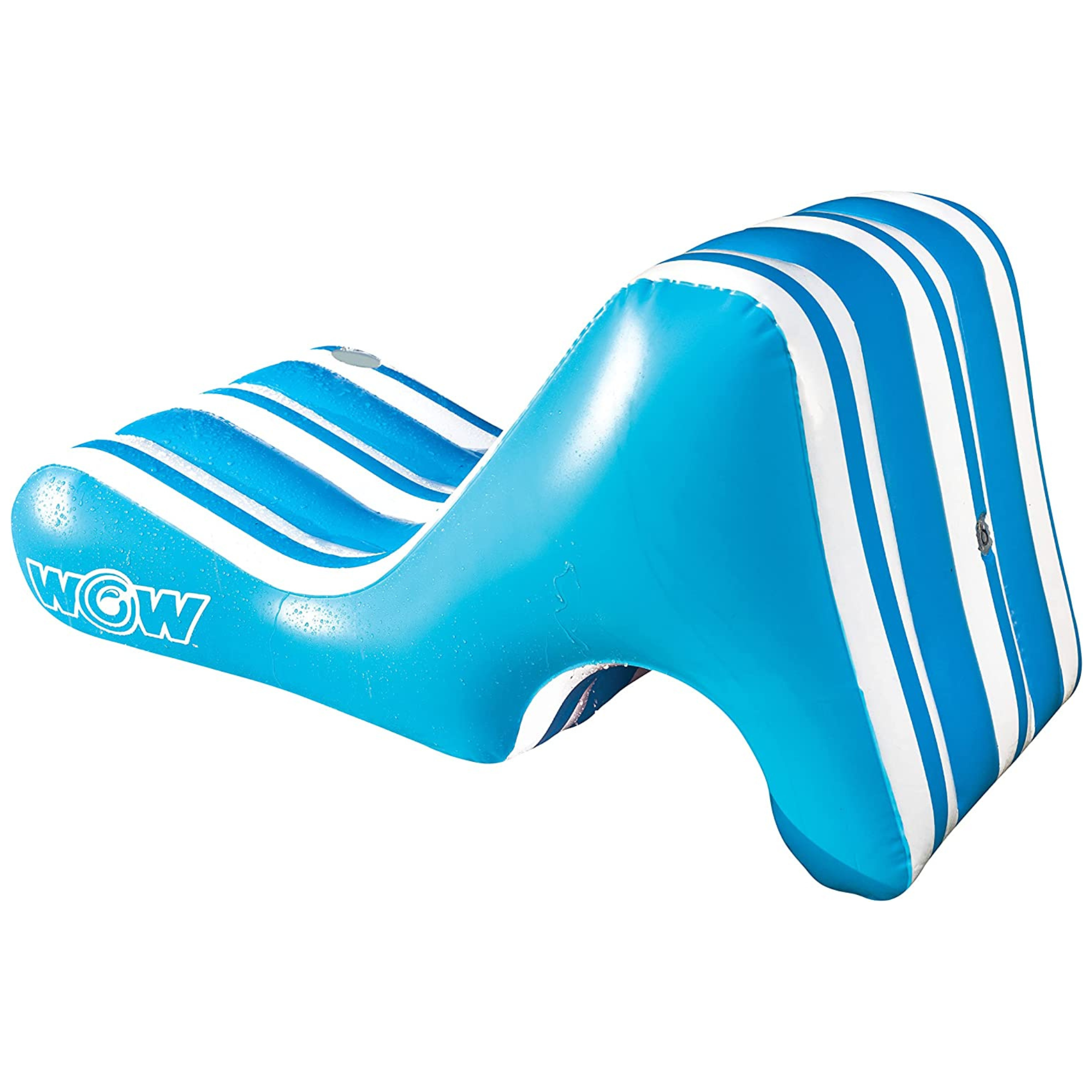Blue inflatable pool float with white stripes on a white background
