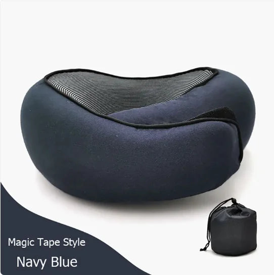 Navy blue travel pillow with a carrying bag on a white background