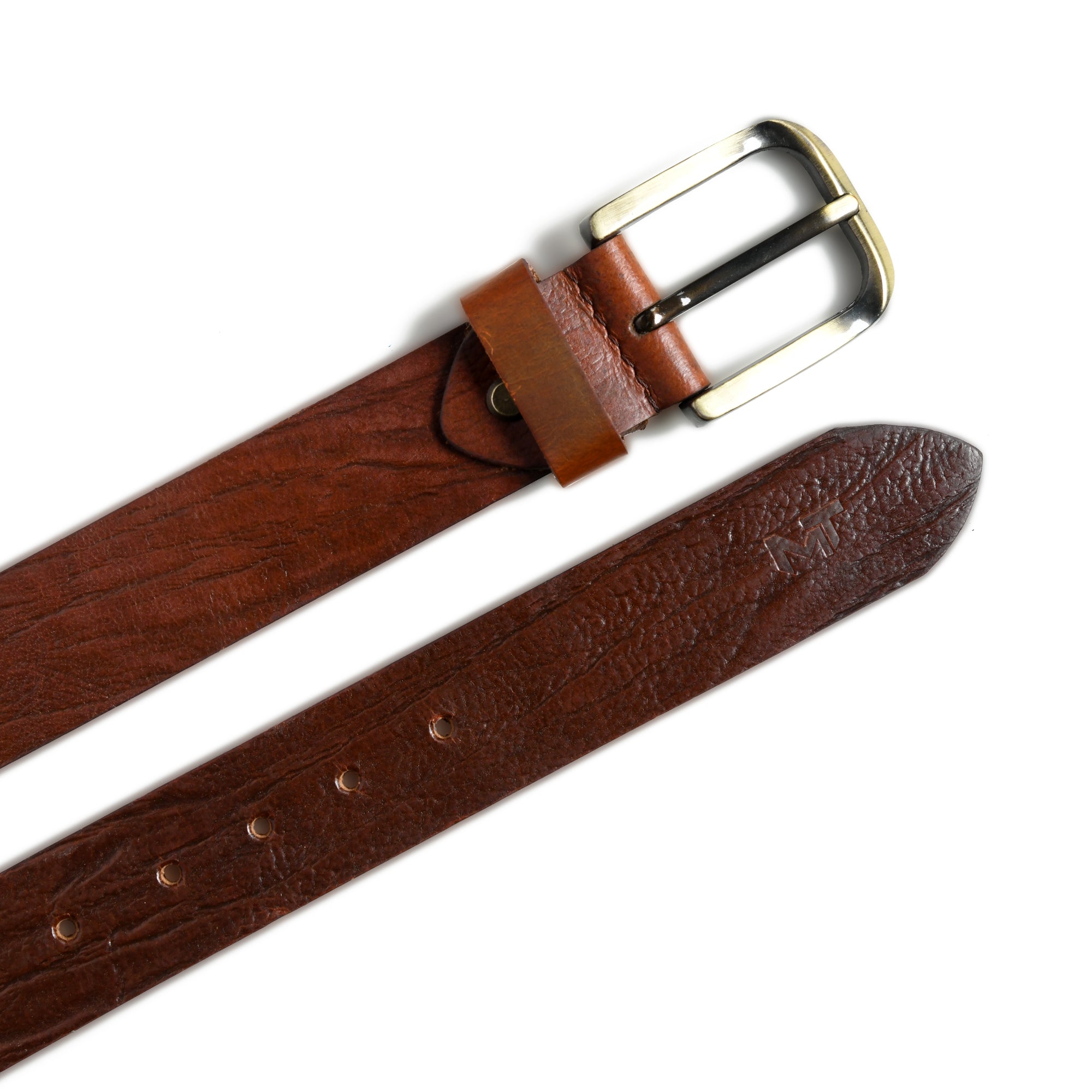 Brown leather belt with a silver buckle on a white background