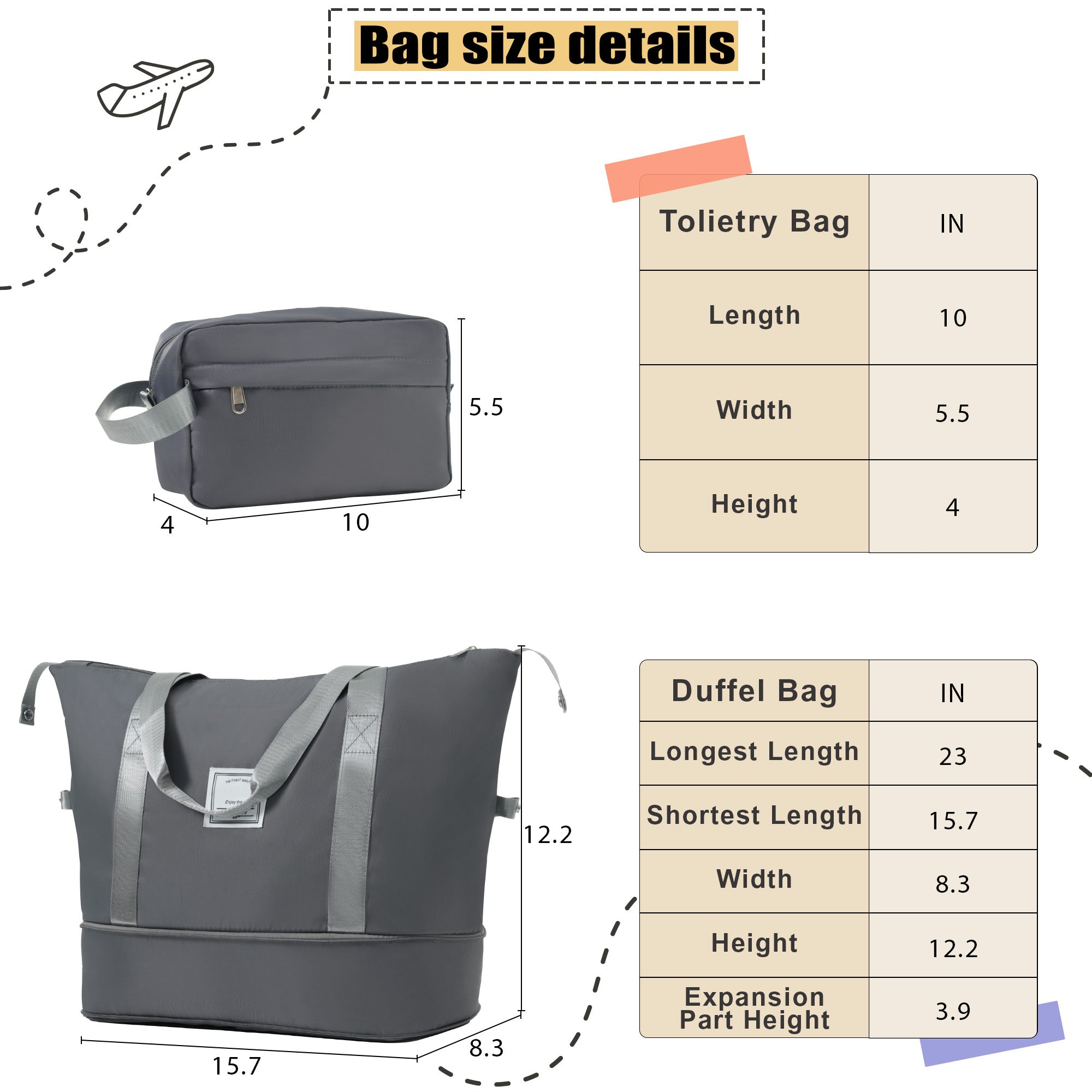 A set of gray softside luggage which includes a 20-inch, 24-inch, and 28-inch suitcase with spinner wheels, a duffel bag, and a toiletry bag.