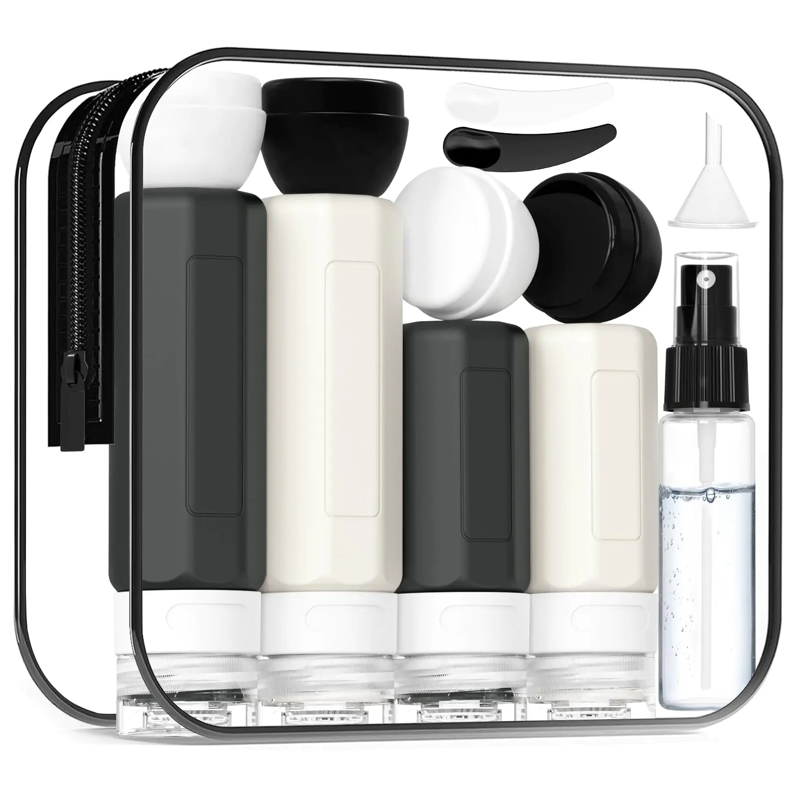 Set of skincare or cosmetic bottles with black and white caps in a clear travel case.
