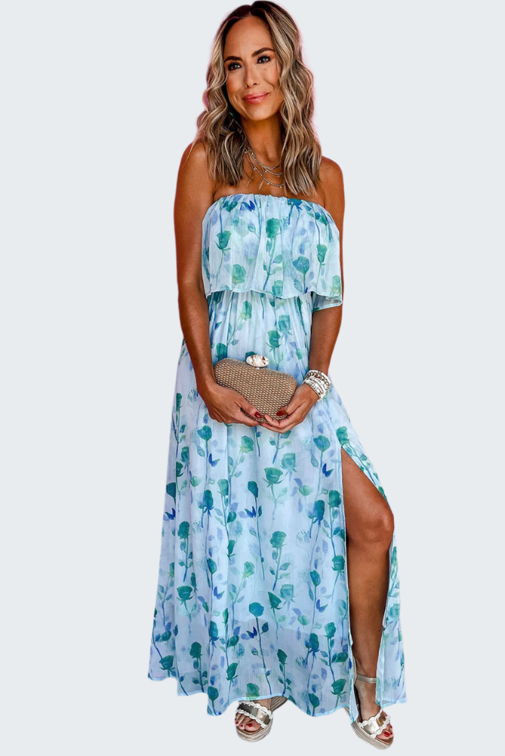 Green Floral Print Ruffled Side Slit Tube Maxi Dress