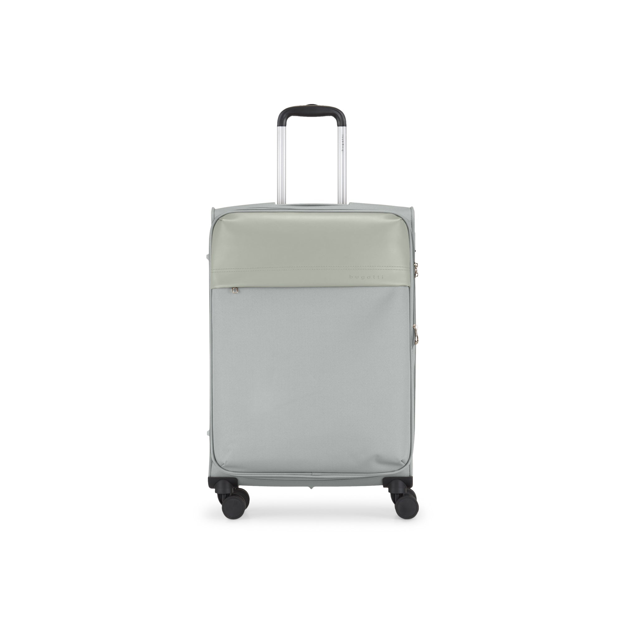 Gray suitcase with a handle on a white background