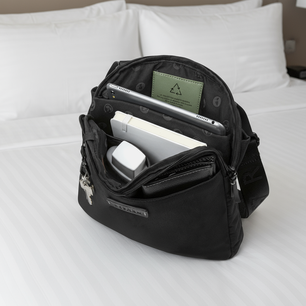 Black crossbody bag with compartments containing electronic devices on a white background