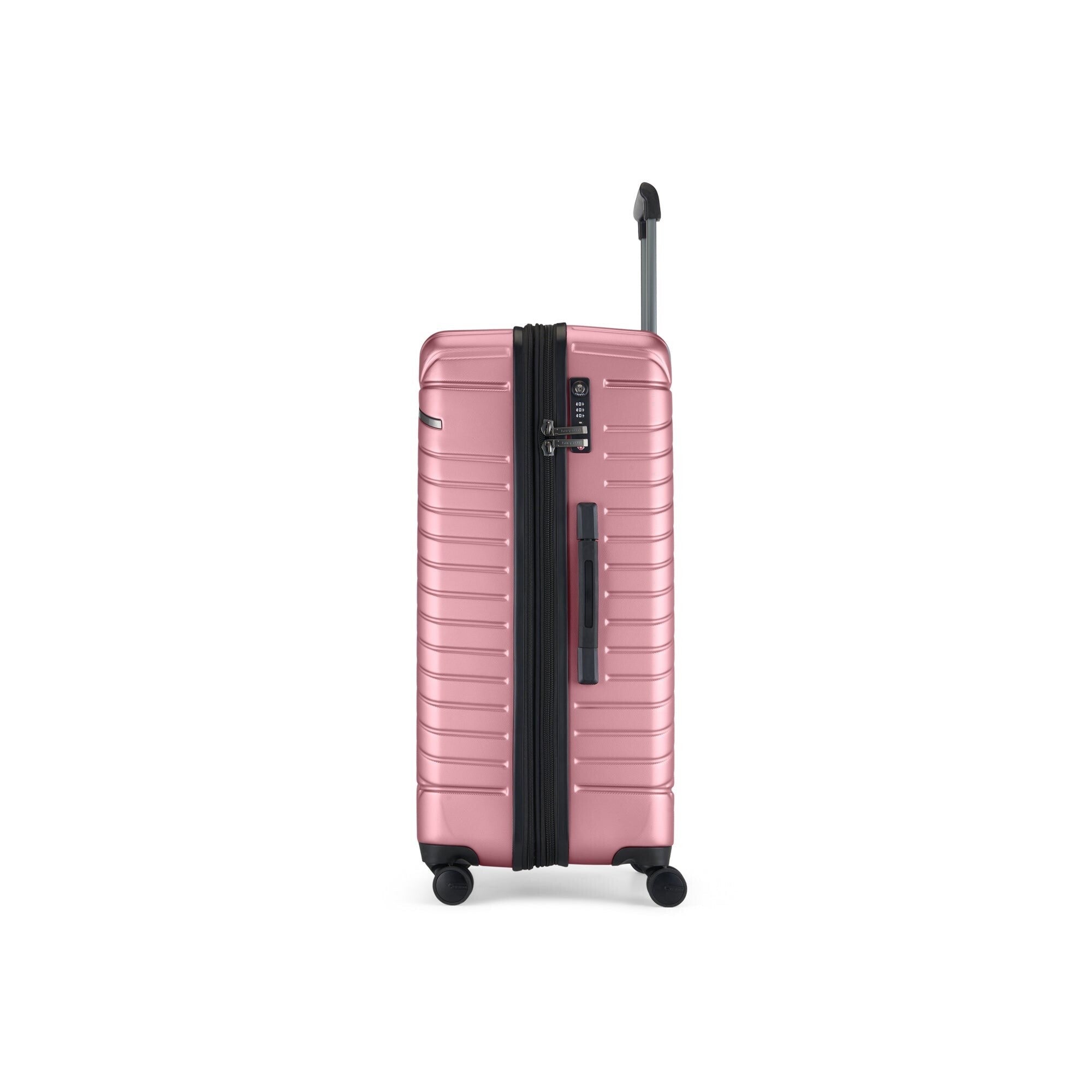 Pink suitcase with black accents on a white background