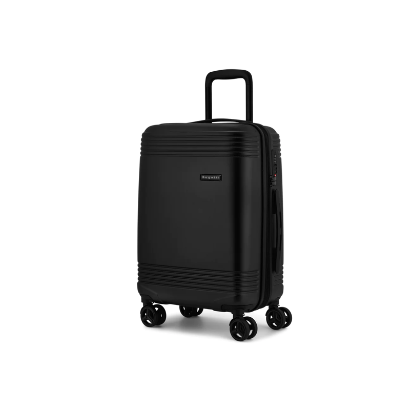 Black suitcase with wheels on a white background