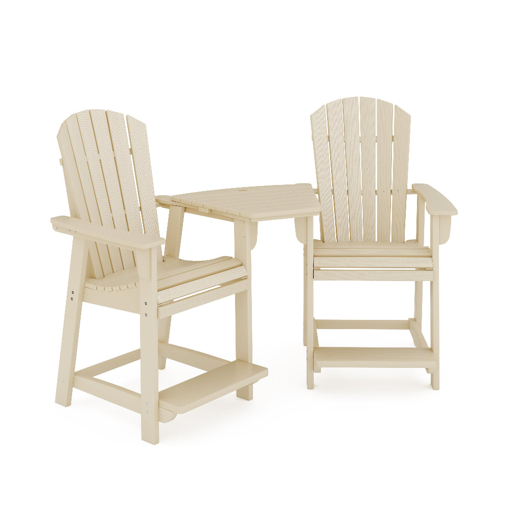 Two wooden chairs with a small table on a white background