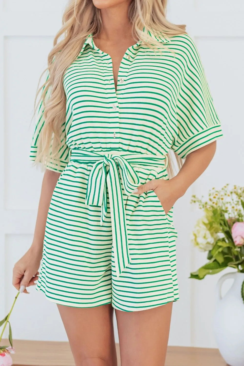 Striped Half Sleeve Tie Waist Romper