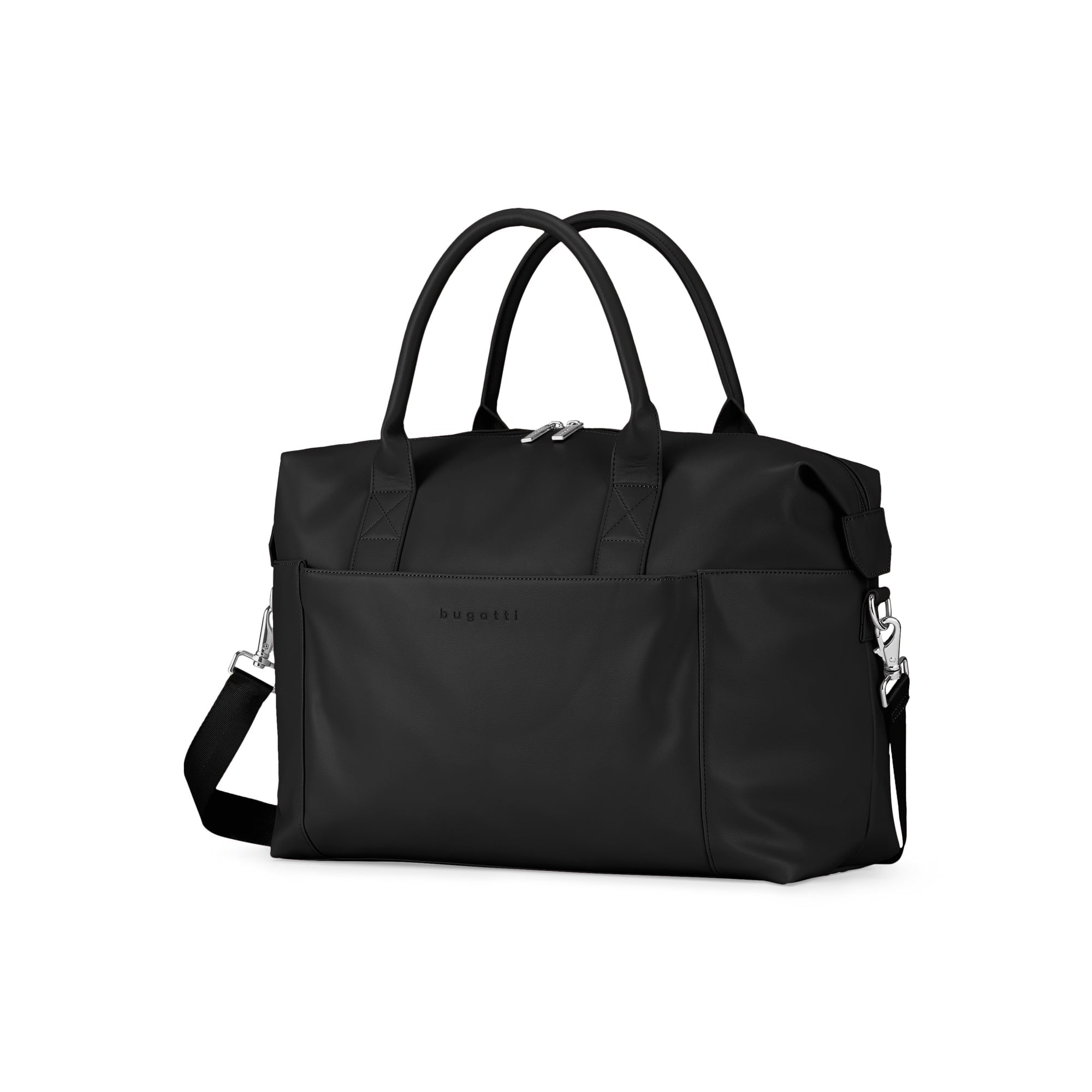 Black handbag with a shoulder strap on a white background
