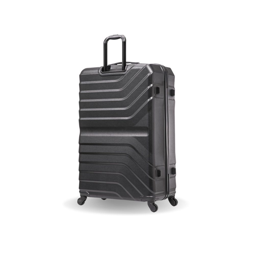 Gray suitcase with a textured design on a white background