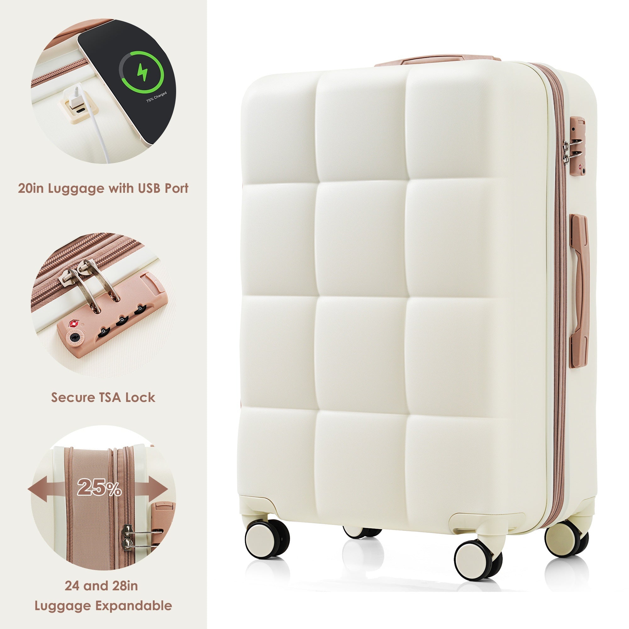 Expandable Four Piece Ivory ABS Durable Suitcase with Travel Bag