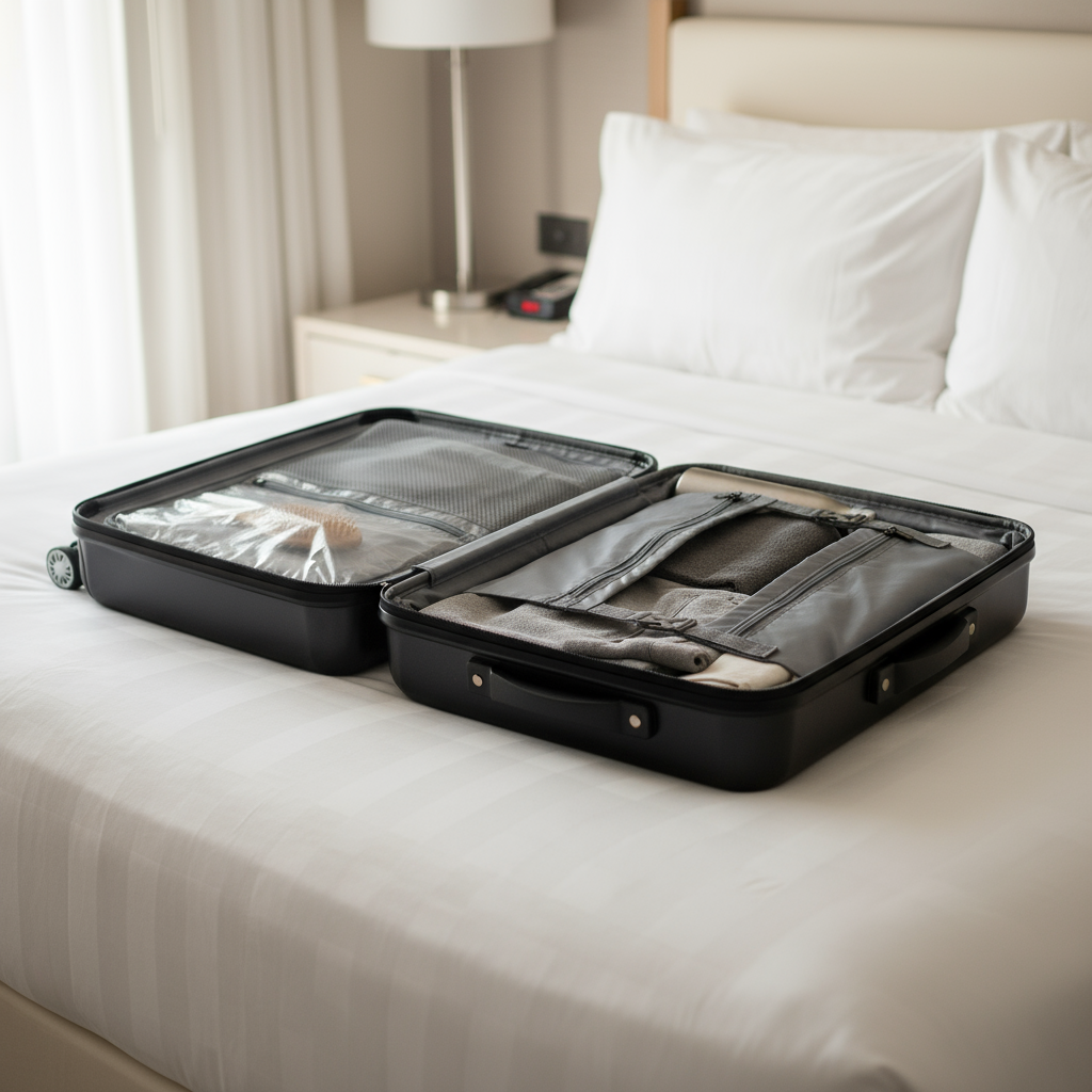 Open suitcase with organized contents on a white background