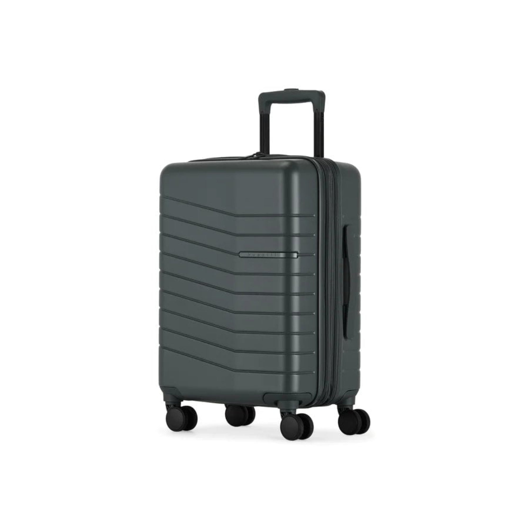 Dark gray suitcase with wheels on a white background