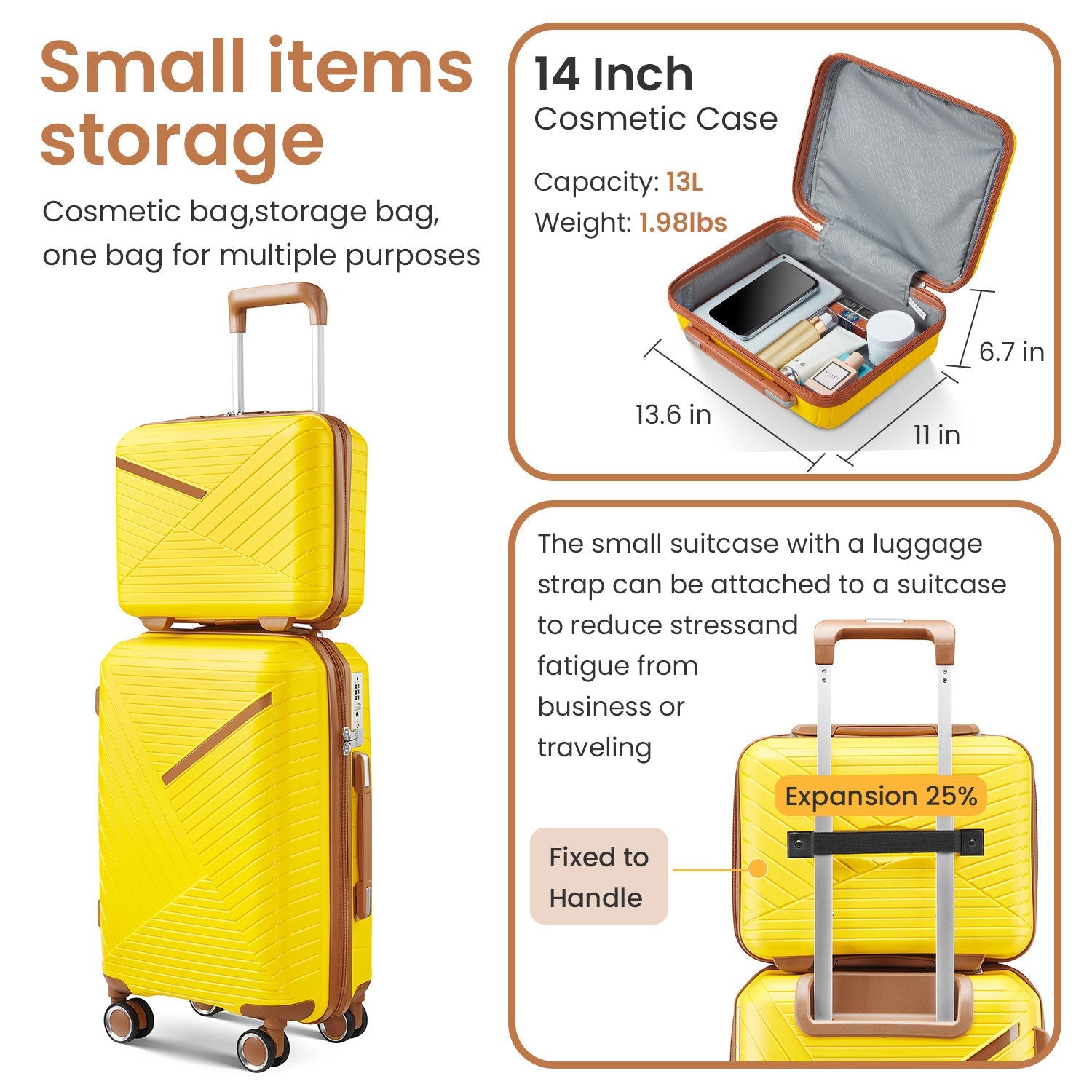 Four Piece Yellow Expandable Lightweight Suitcase with Four Double 360 Degrees Mute Spinner Wheels